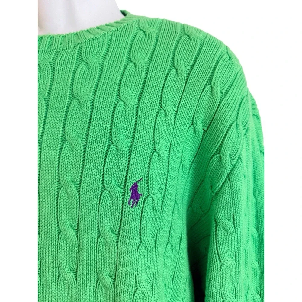 Vintage Polo Ralph Lauren Men Sweater XL Crewneck Cable Green Purple Pony Preppy